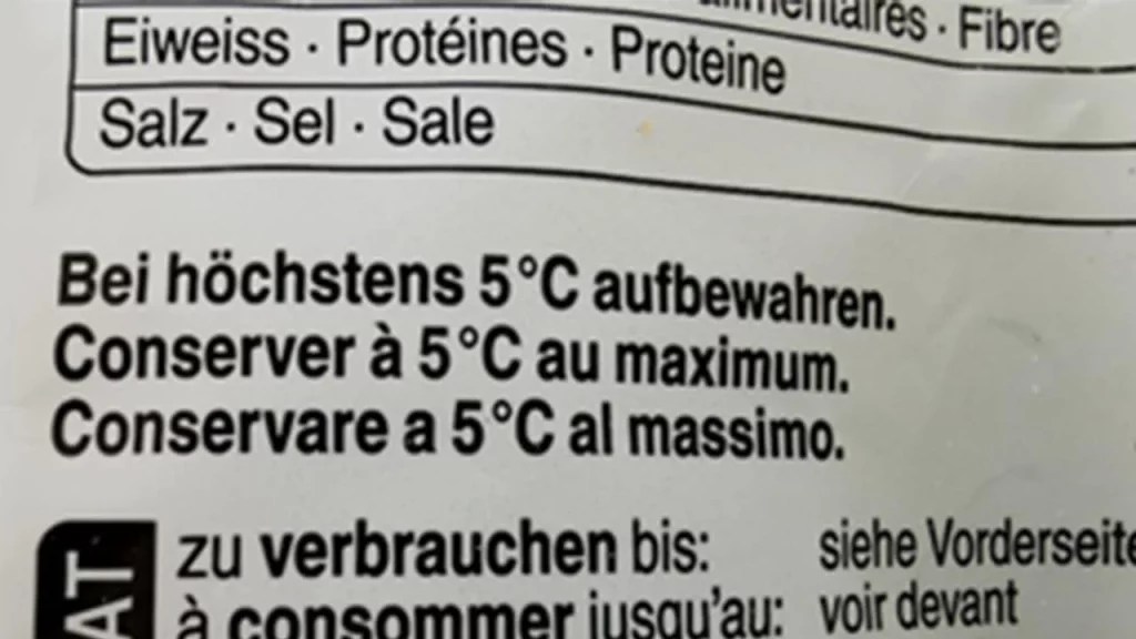 A food label showing the maximum temperature the product can be stored at