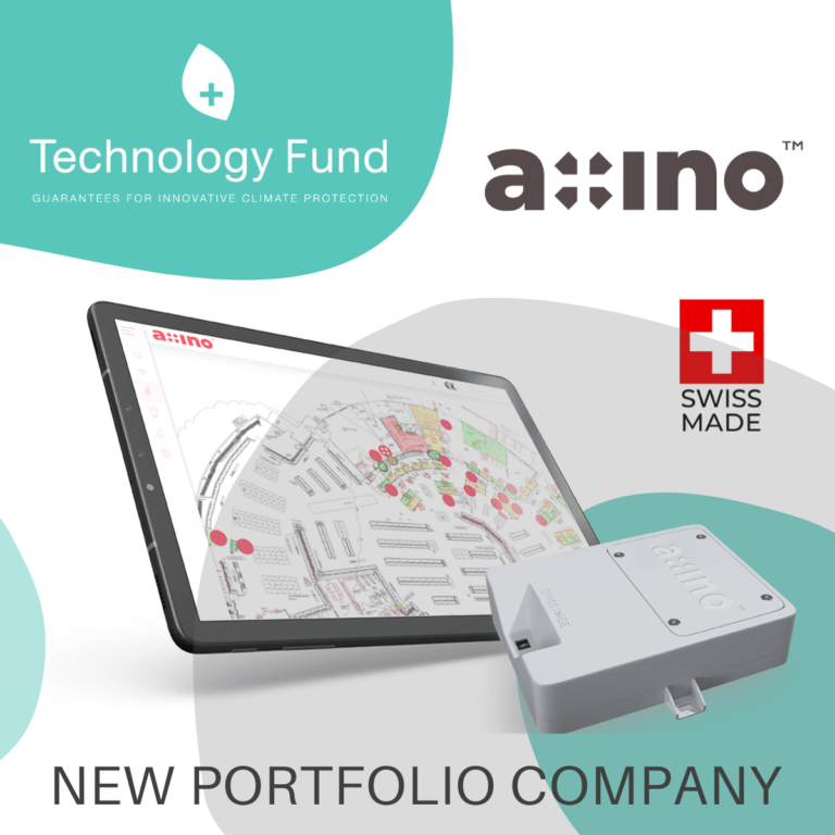 An Axino sensor and app displayed alongside the Swiss technology fund logo