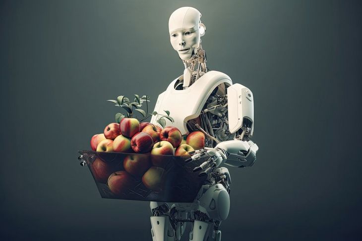 A robot carrying a basket of apples