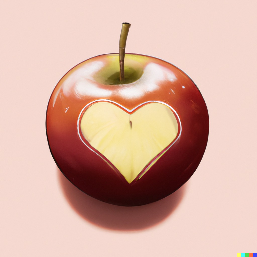 An apple with a heart carved into it